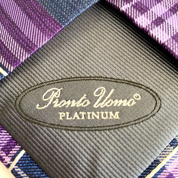 Pronto Uomo platinum Mens wearhouse lavender purple white denim blue plaid Xlong - Picture 6 of 7